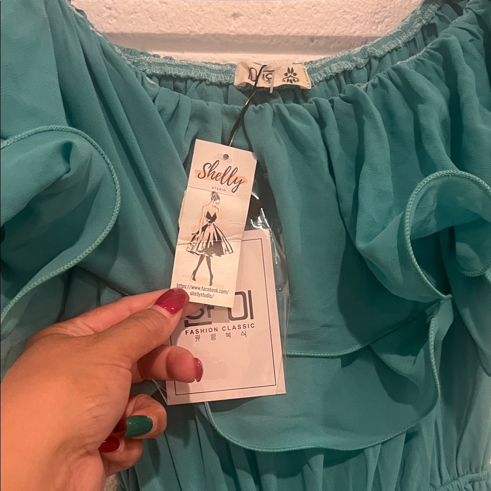 Shelly Teal Ruffle Off-Shoulder Women's Dress